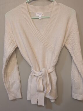 Morgan Taylor Cream Wrap V-Neck Belted Sweater
